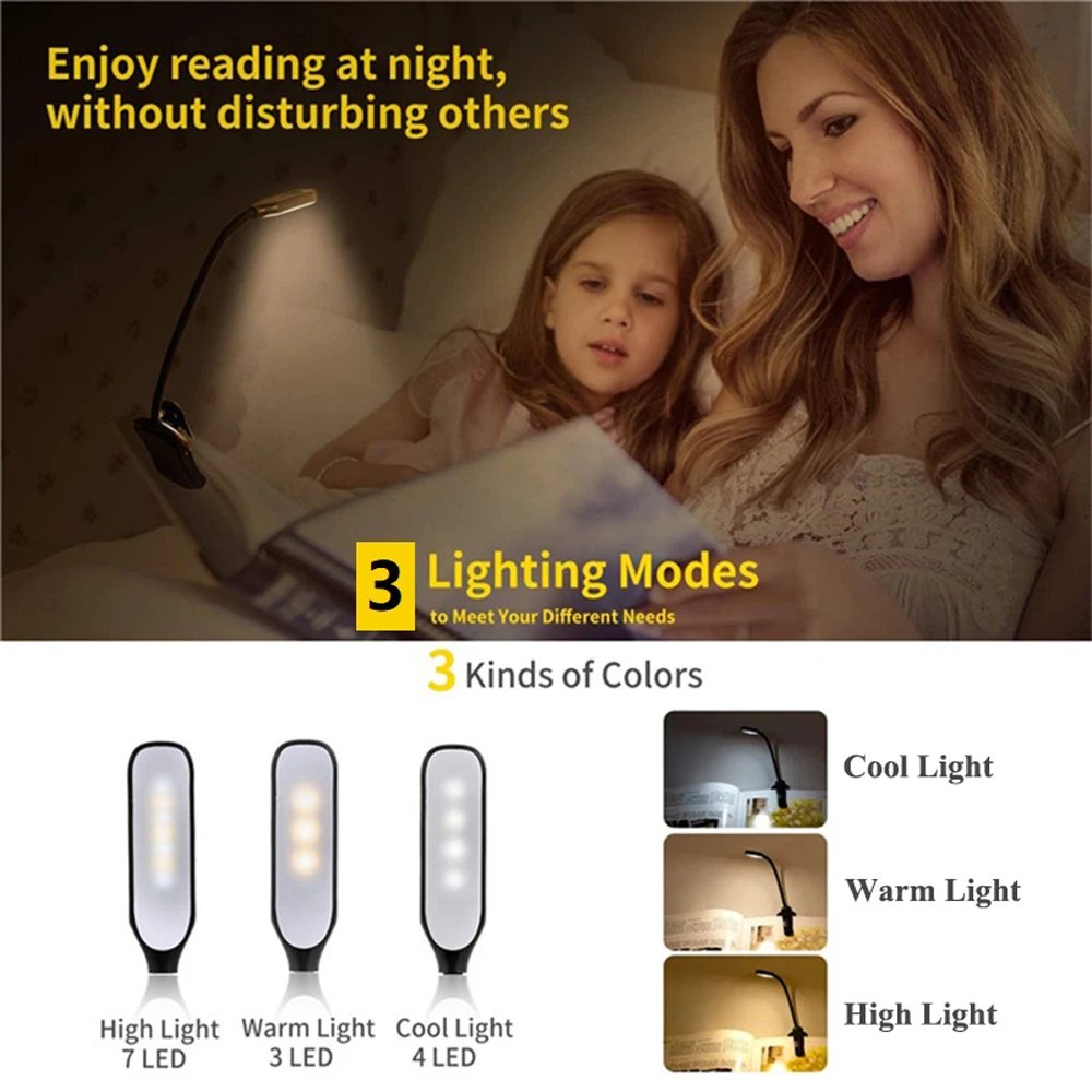 Rechargeable Book Light Mini 7 LED Reading Light 3-Level Warm Cool White Flexible Easy Clip Lamp Read Night Reading Lamp in Bed Rechargeable Book Light Mini 7 LED Reading Light 3-Level Warm Cool White Flexible Easy Clip Lamp Read Night Reading Lamp in Bed