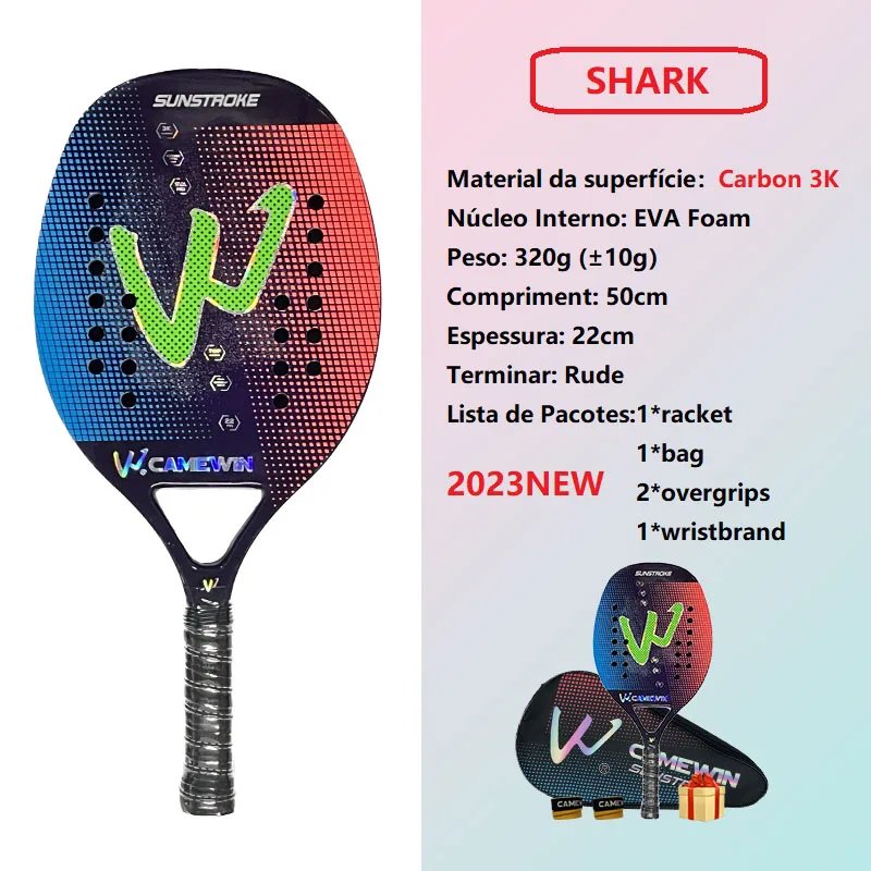 Camewin 3K Holographic Beach Tennis Racket, Full Carbon Fiber Frame, Kit Feminino, Rude Tratamento de Superfície, Iniciante, 202