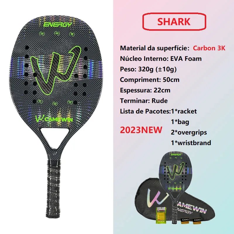 Camewin 3K Holographic Beach Tennis Racket, Full Carbon Fiber Frame, Kit Feminino, Rude Tratamento de Superfície, Iniciante, 202